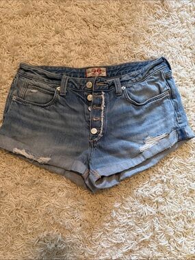 We The Free Light Blue Distressed Button-Front Denim Shorts